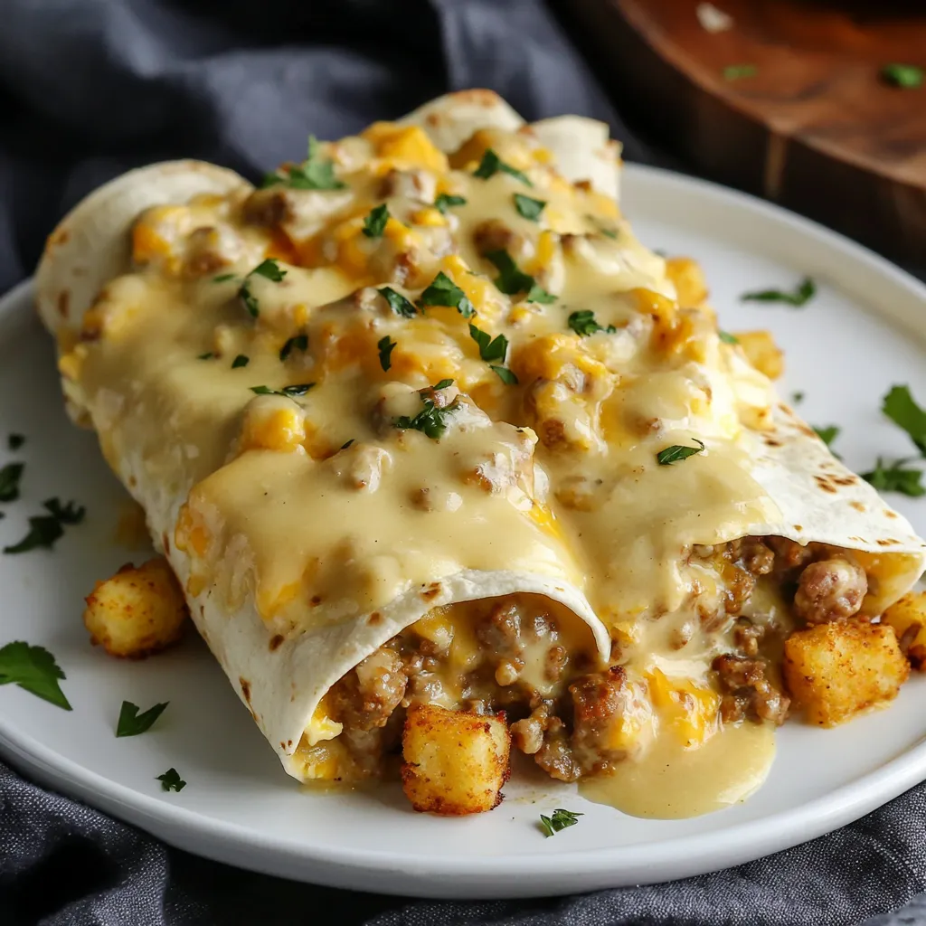 A breakfast burrito with cheese and meat.