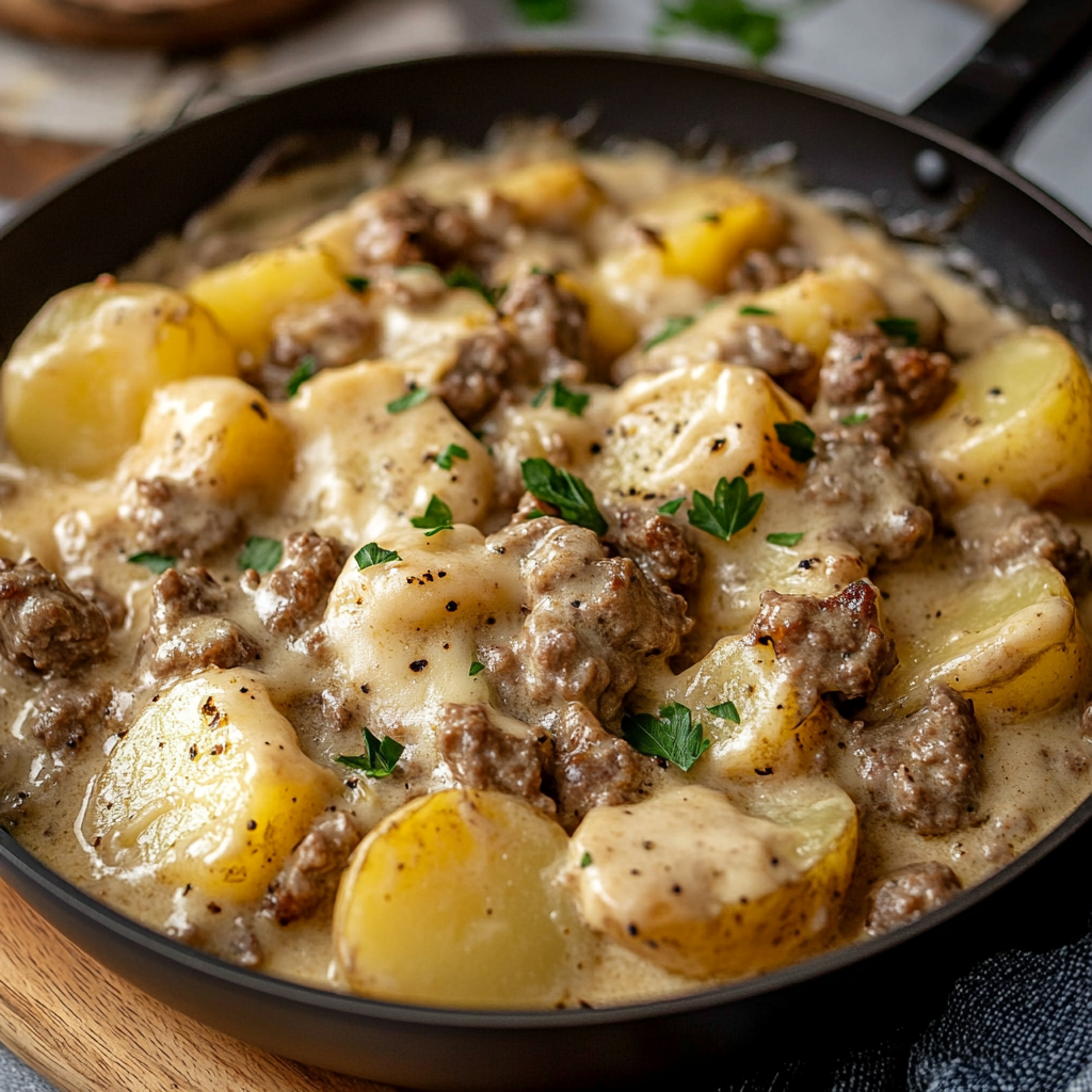 A pan of food with potatoes and meat.