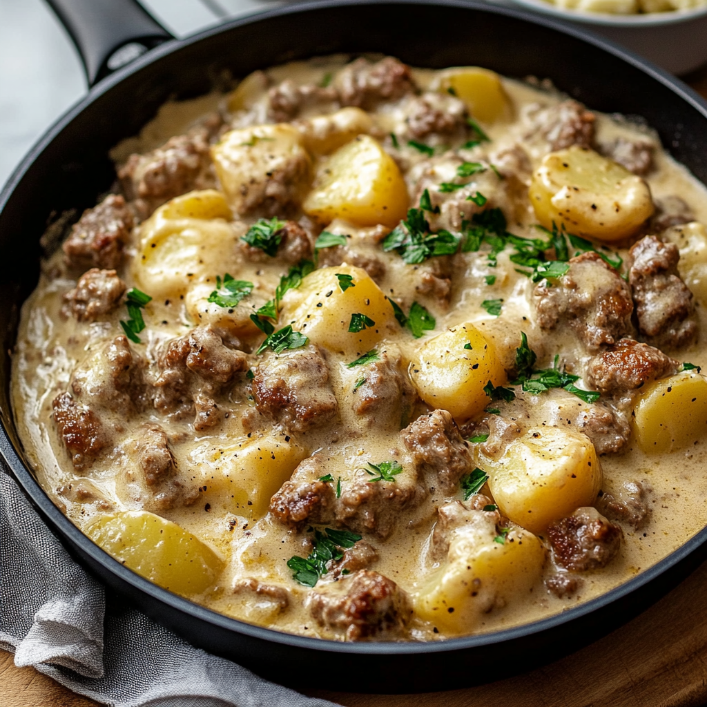 A skillet of meat and potatoes.