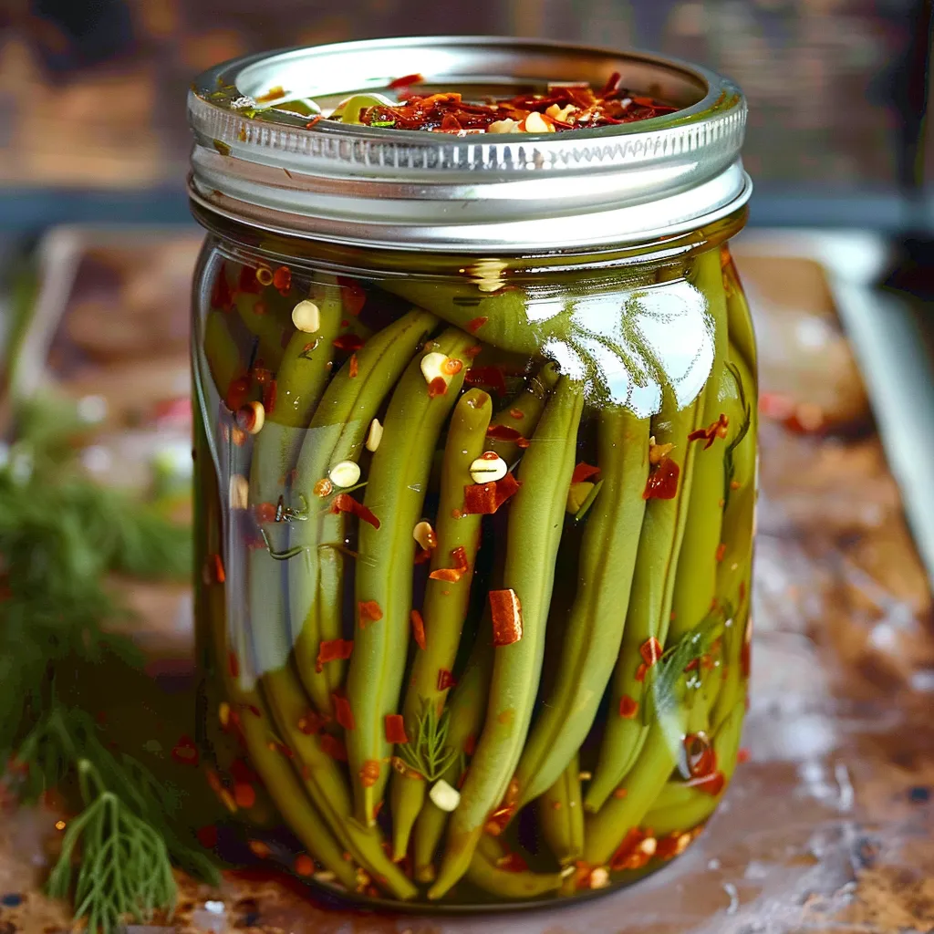 A jar of green beans with red peppers.