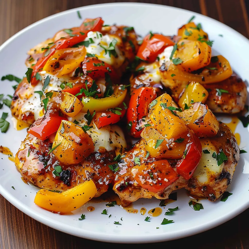 A plate of food with chicken, peppers, and cheese.