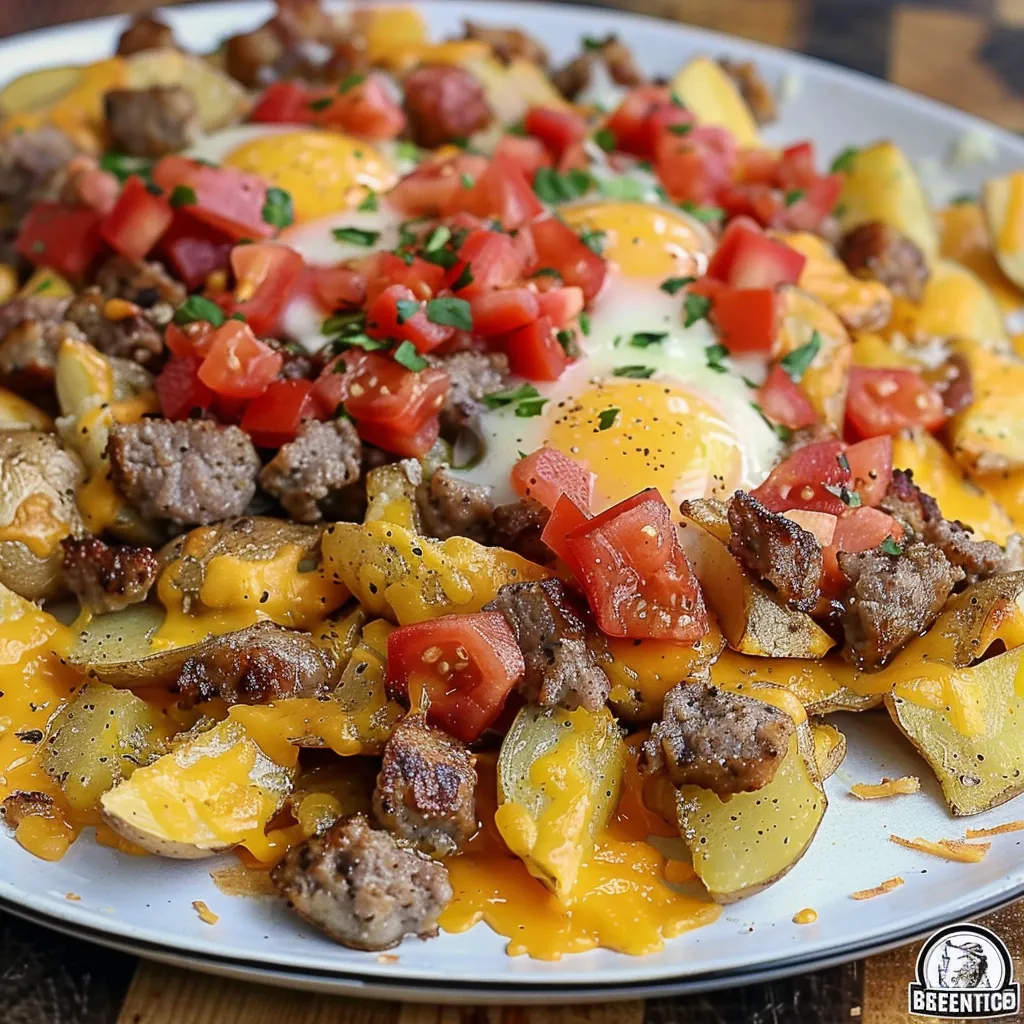 A plate of food with meat, potatoes, tomatoes, and an egg.