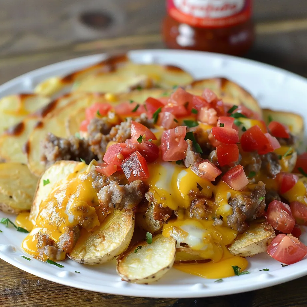 A plate of food with tomatoes, potatoes, and meat.