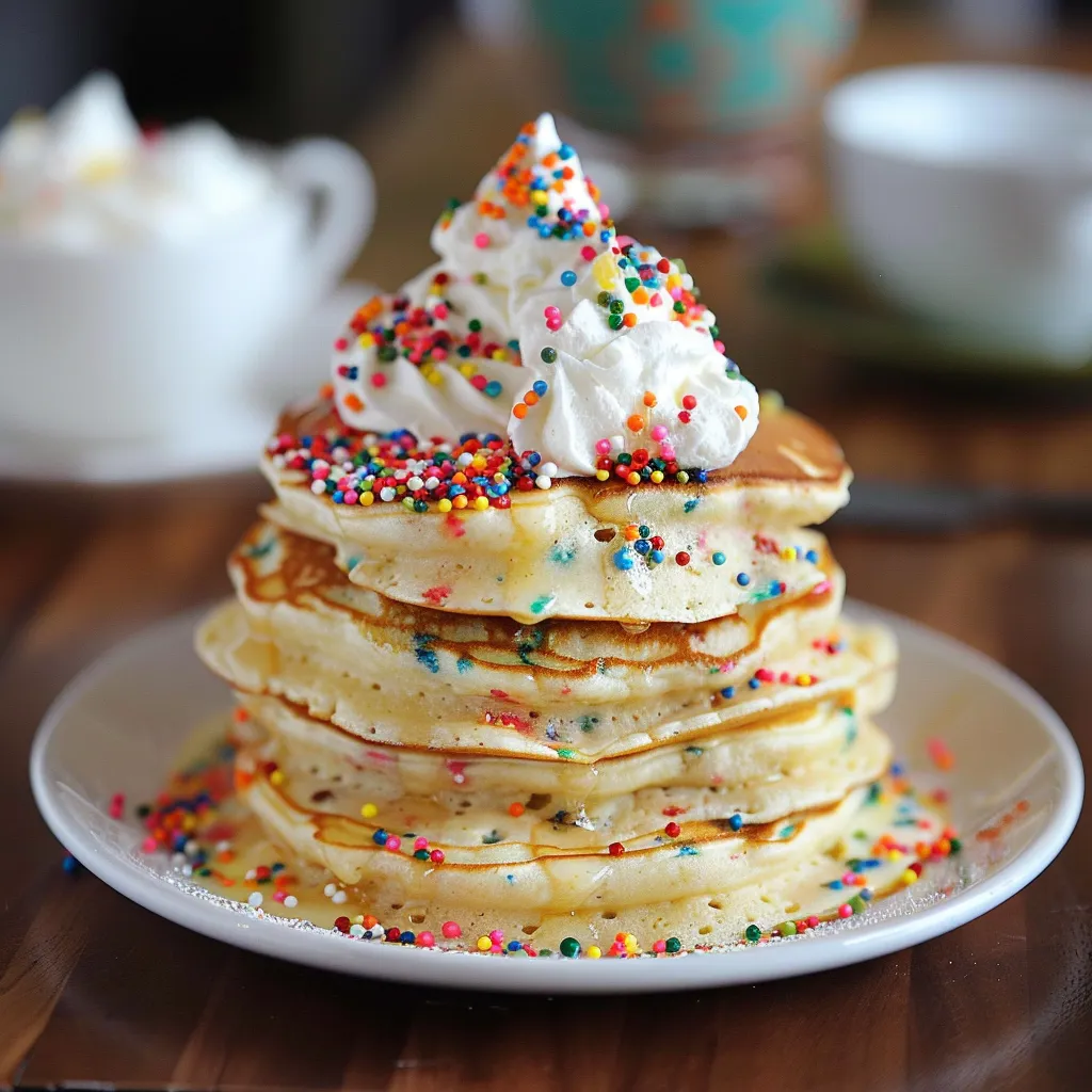 A stack of pancakes with sprinkles on top.