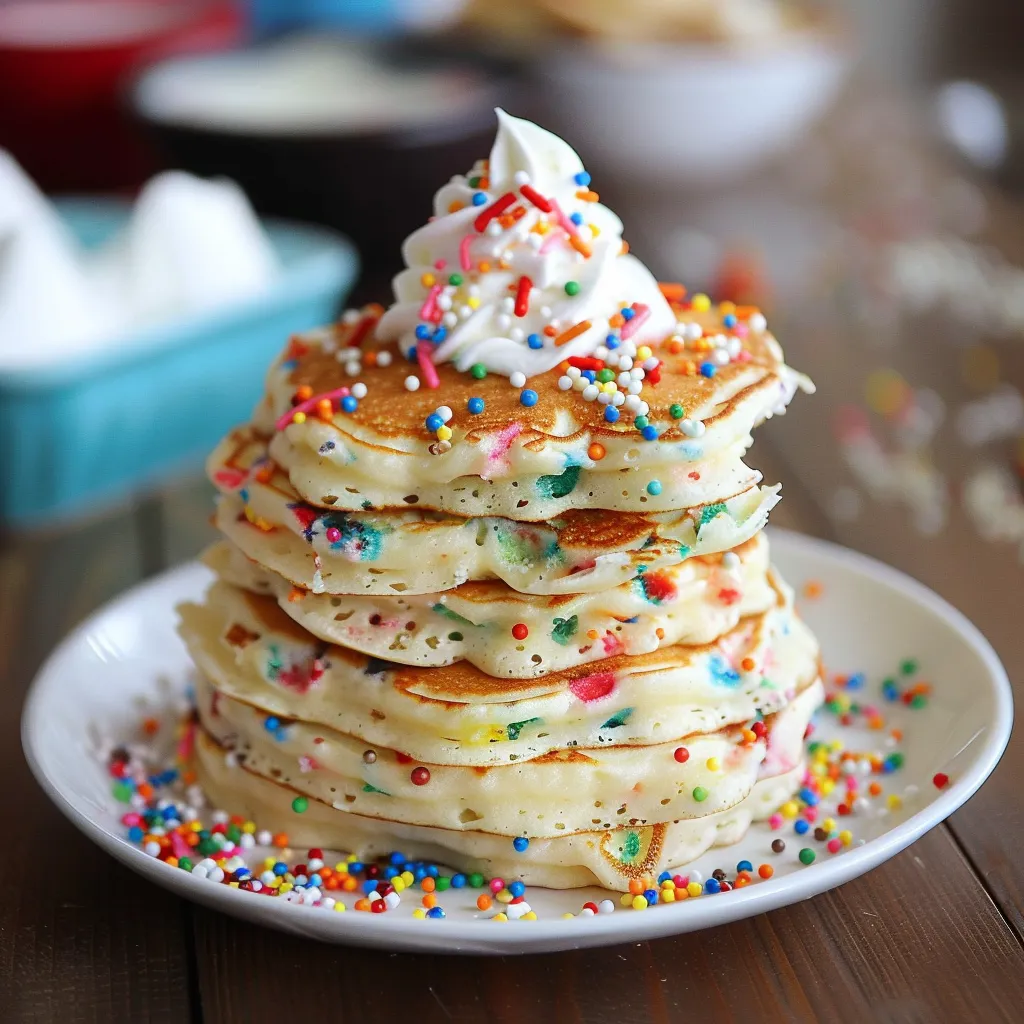A stack of pancakes with sprinkles on top.