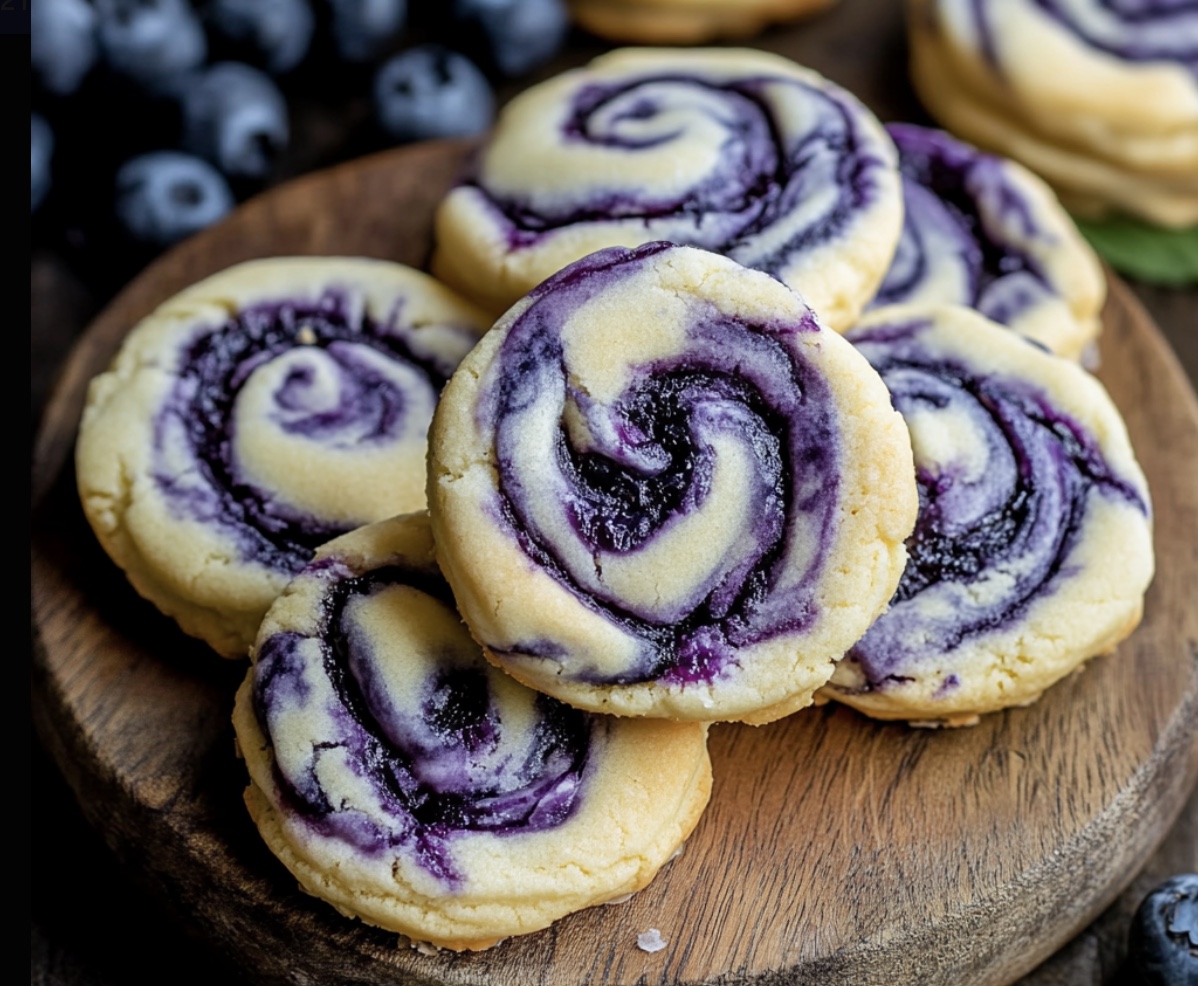 A plate of cookies with blueberry swirls.