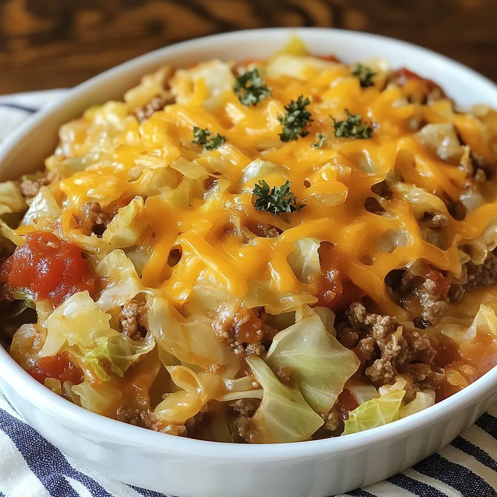 A white bowl filled with a cheesy cabbage beef casserole.
