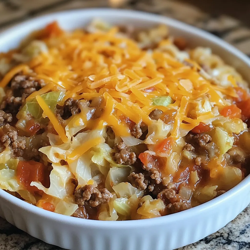 A white bowl filled with a cheesy cabbage beef casserole.