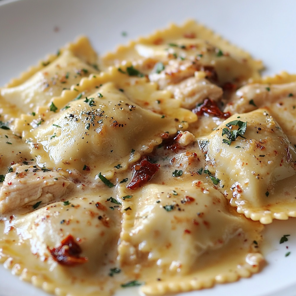 A plate of creamy sun-dried tomato chicken ravioli.