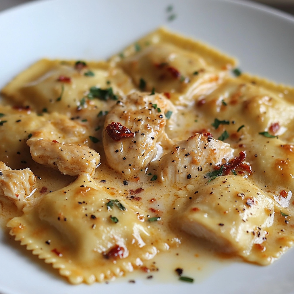 A plate of creamy sun-dried tomato chicken ravioli.