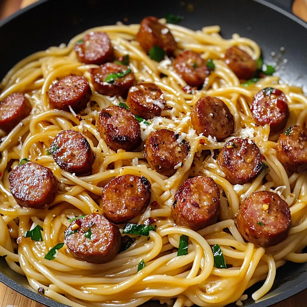 A skillet of sausage and pasta.