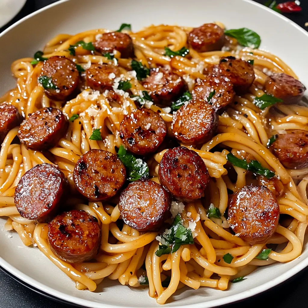 A plate of pasta with sausage and cheese.