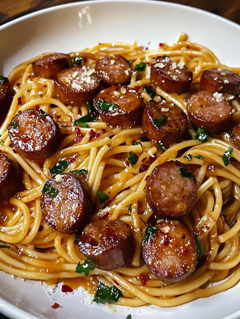 A plate of sausage and pasta with a sauce.
