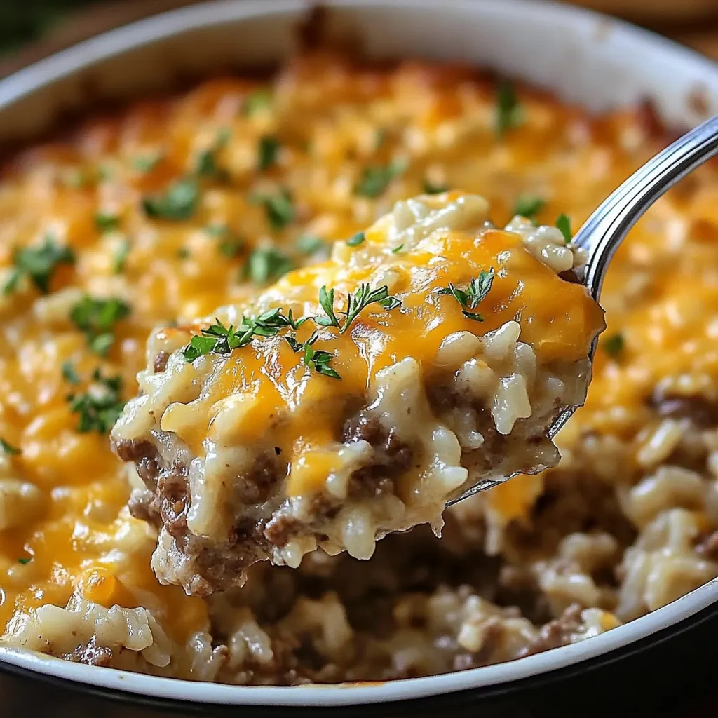 A spoon is in a bowl of cheesy ground beef rice casserole.