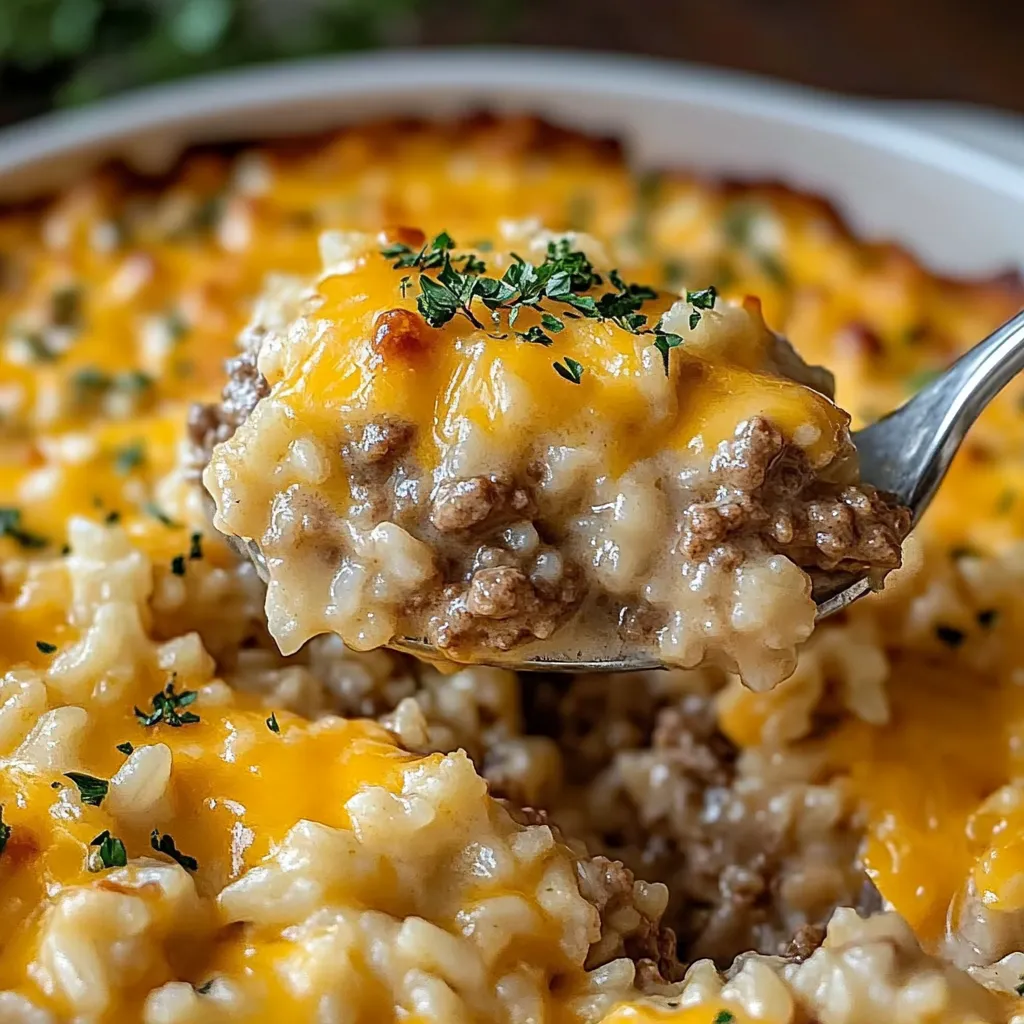 A spoon is in a bowl of cheesy ground beef rice casserole.