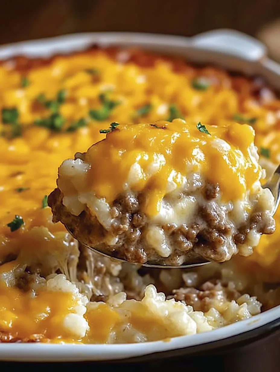 A spoon is in a cheesy ground beef rice casserole.