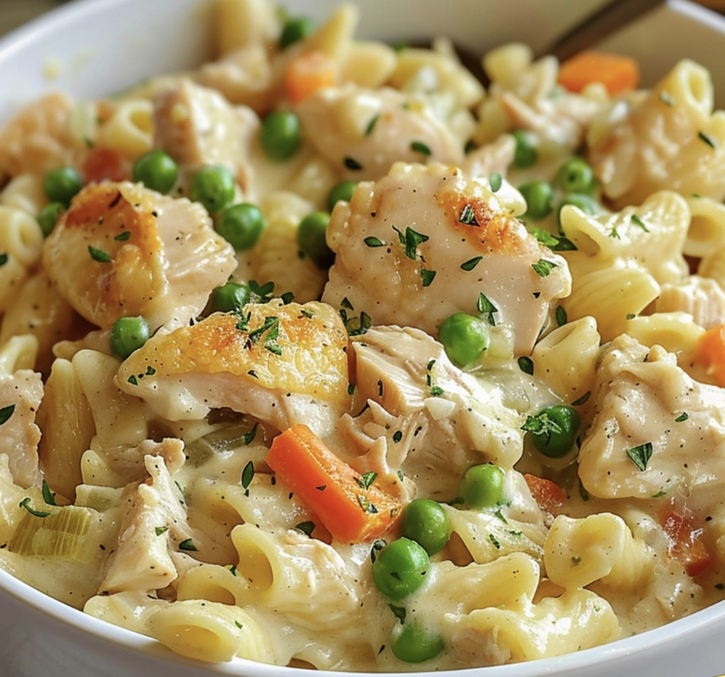 A bowl of pasta with chicken and peas.