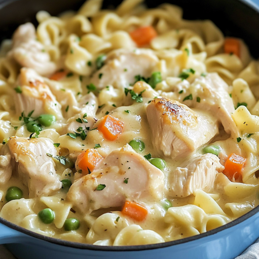 A dish of chicken and pasta.