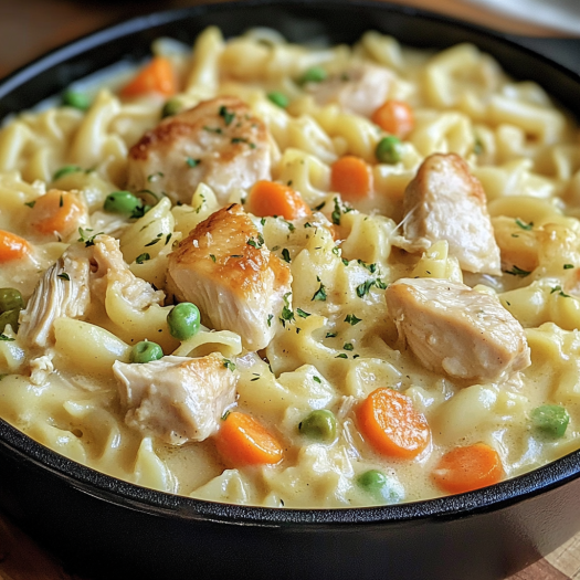 A close up of a delicious one pot creamy chicken pot pie pasta.