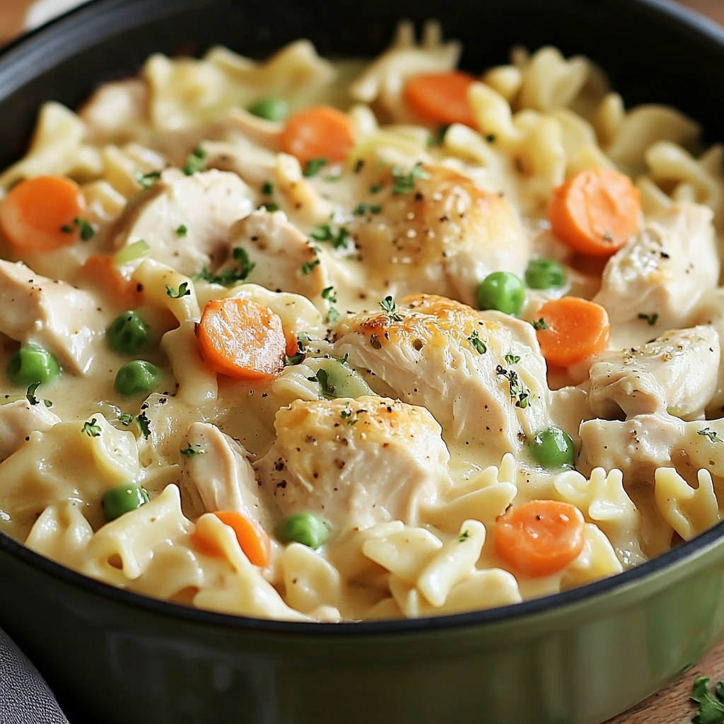 A bowl of chicken and pasta.