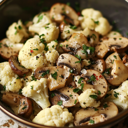 A bowl of garlic cauliflower and mushrooms.