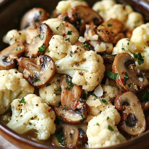A bowl of cauliflower, mushrooms and garlic.