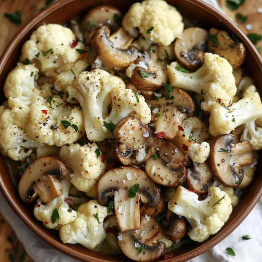 A bowl of cauliflower, mushrooms and garlic.