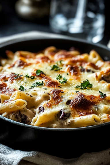 A delicious creamy chicken ham pasta bake.