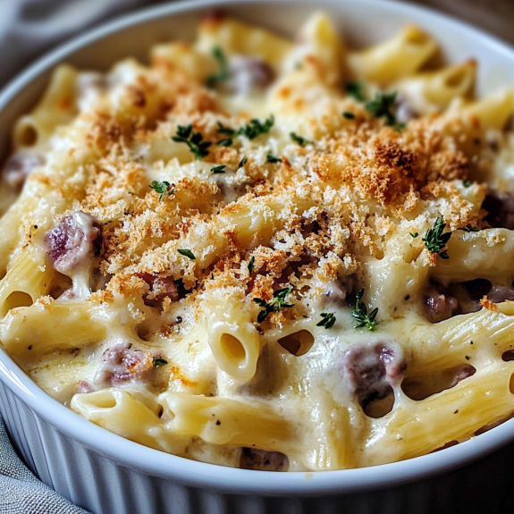 A bowl of creamy chicken ham pasta bake.