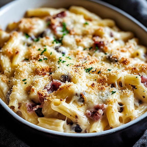 A bowl of creamy chicken ham pasta bake.