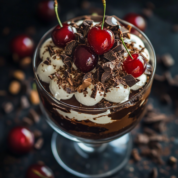 A glass of chocolate and cherry dessert.