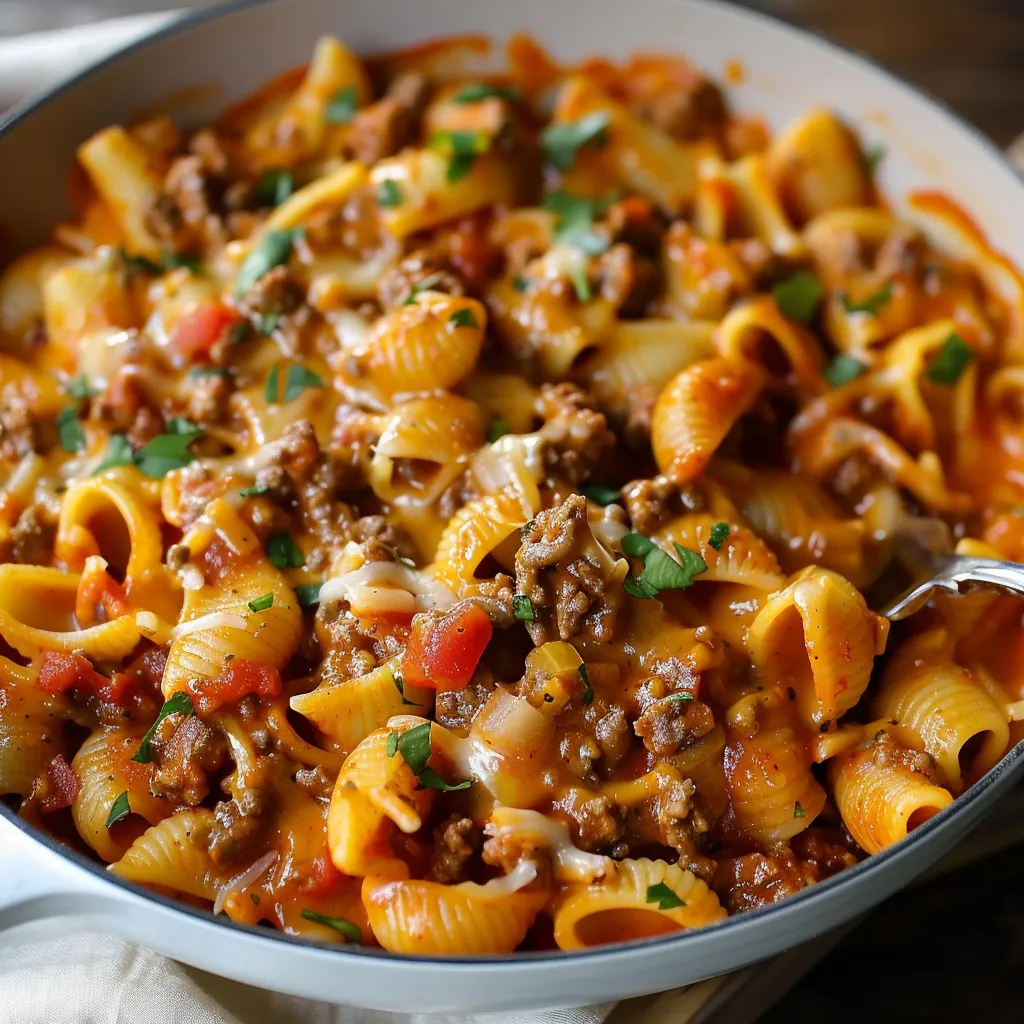 A bowl of pasta with meat and vegetables.