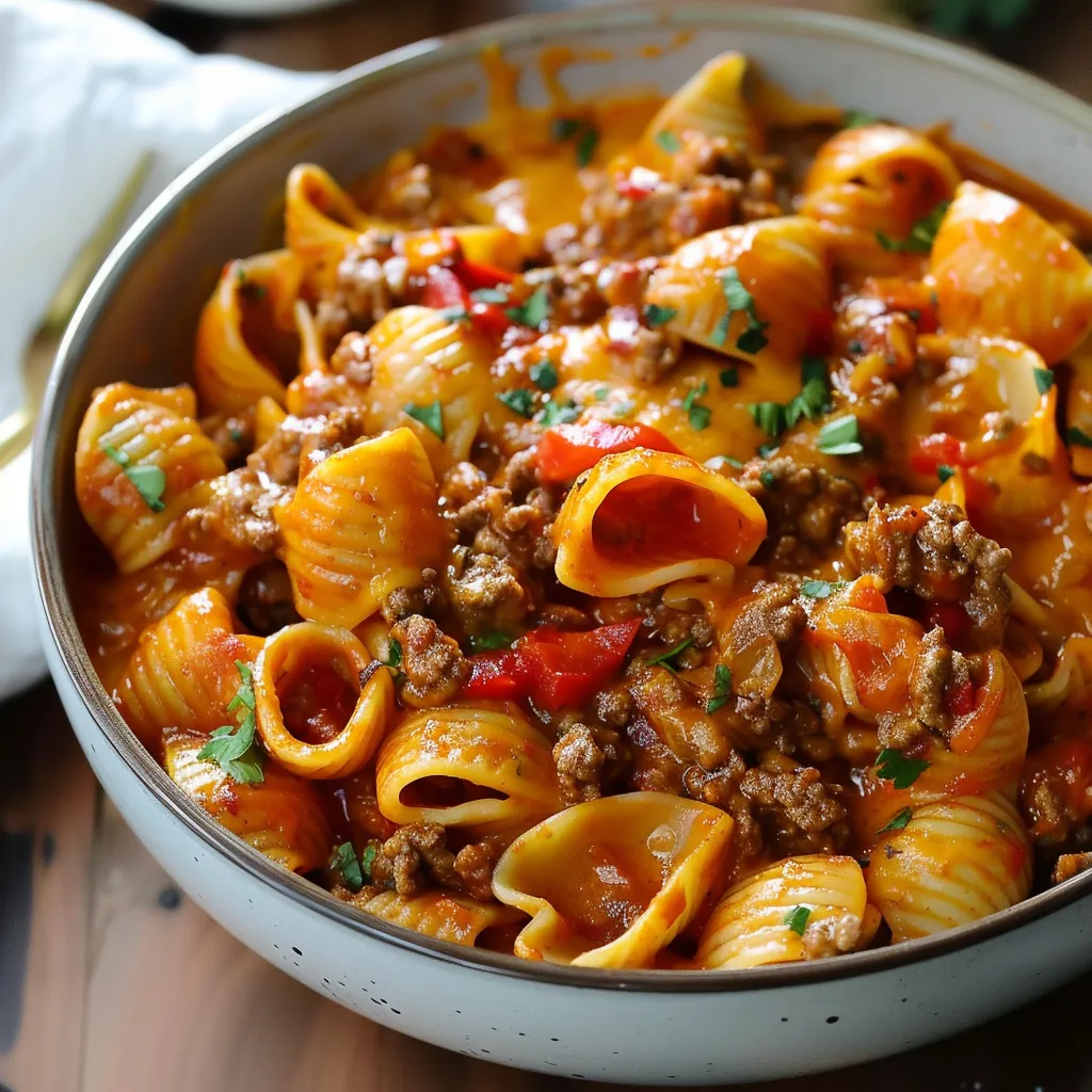 A bowl of pasta with meat and tomatoes.