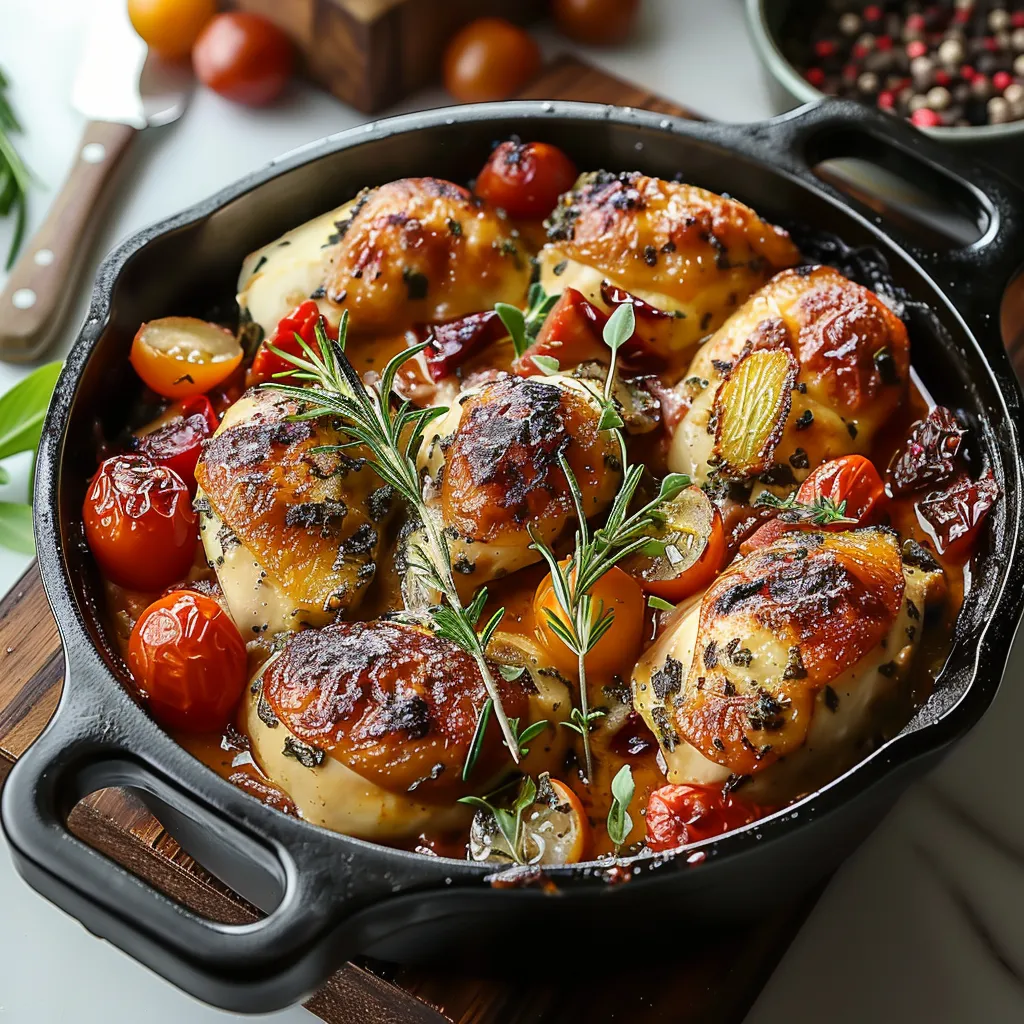 A pan of food with tomatoes and herbs.