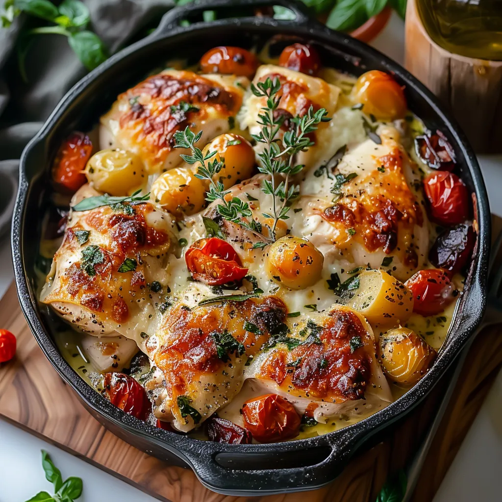 A pan of chicken with tomatoes and herbs.