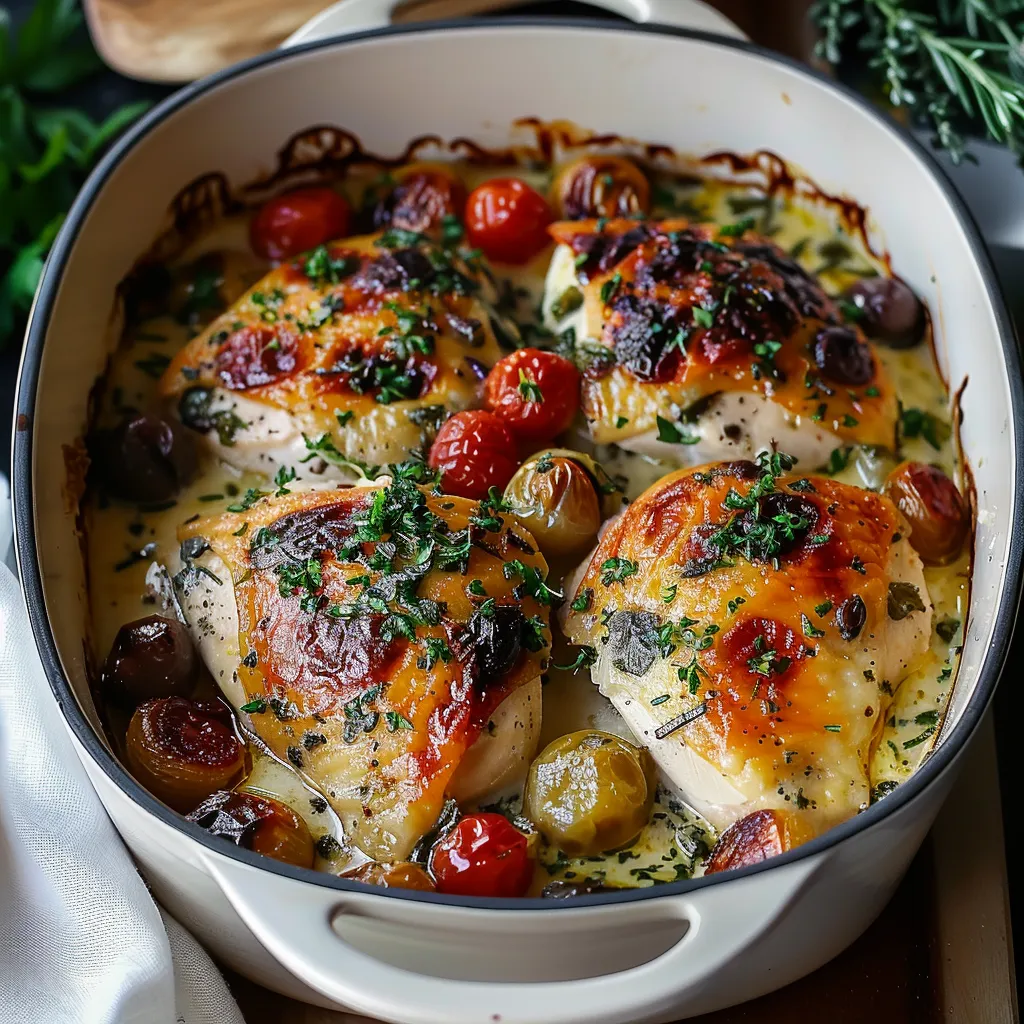 A bowl of chicken with tomatoes and olives.