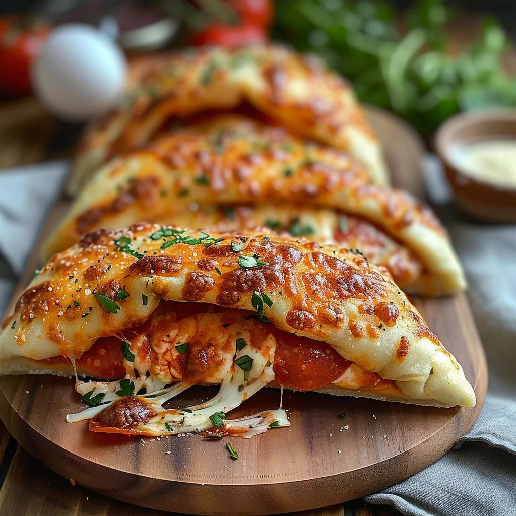 Three pizza sandwiches on a wooden board.