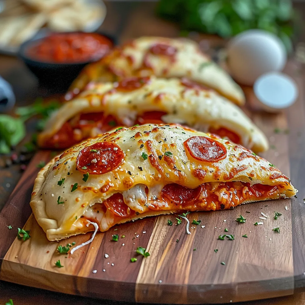 Three pepperoni pizzas on a wooden cutting board.