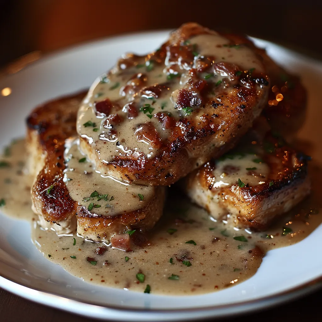A plate of meat covered in gravy.