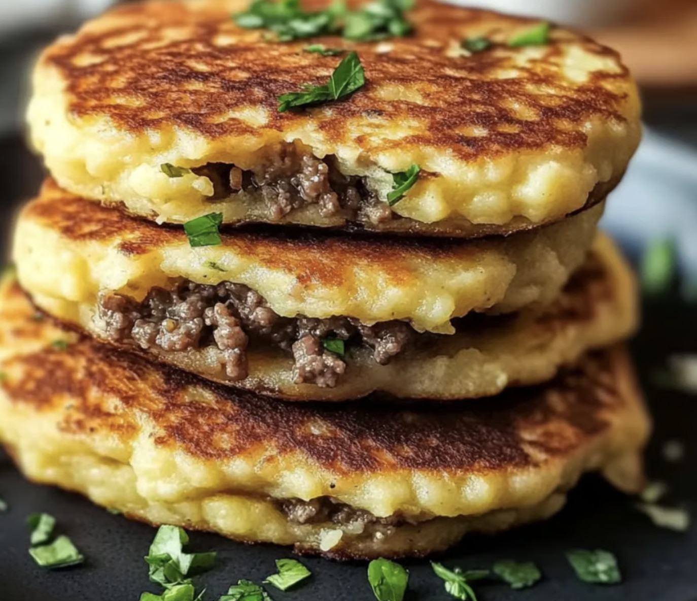 Mashed potato pancakes with beef.