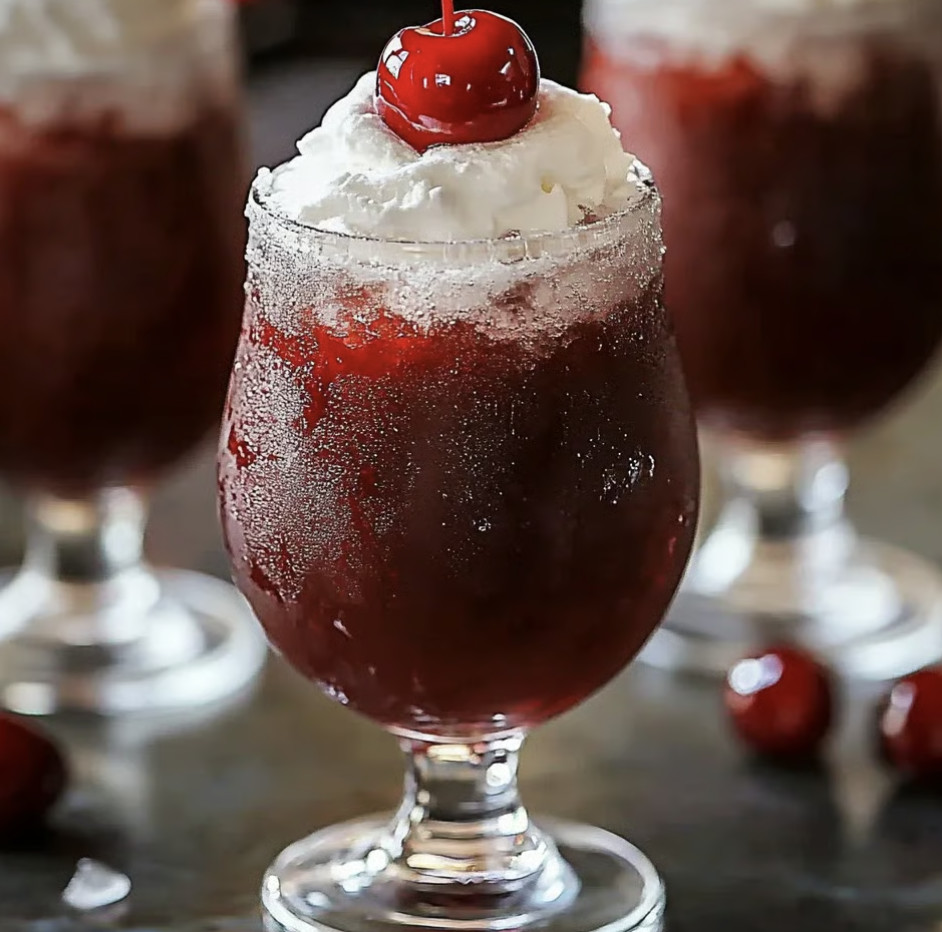 A glass of cherry rum and coke slushie.