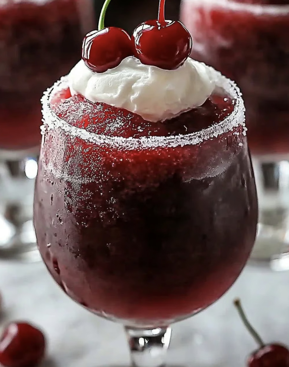 A glass of cherry rum and coke slushie.