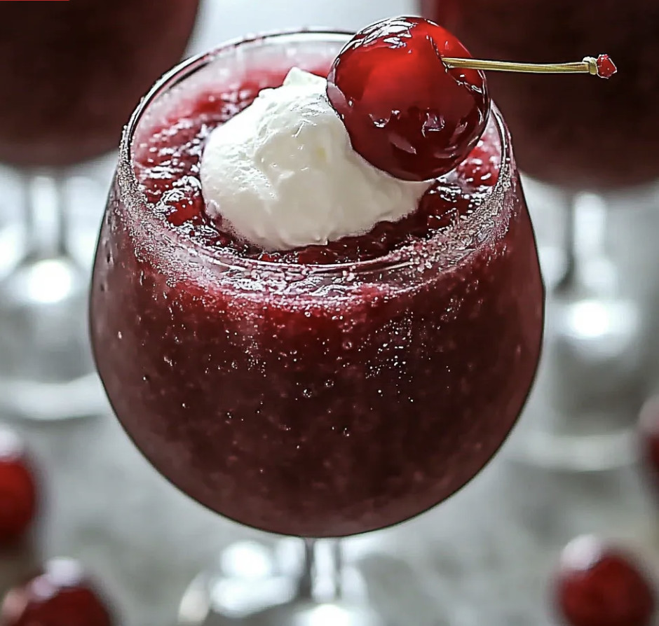A glass of cherry rum and coke slushie.