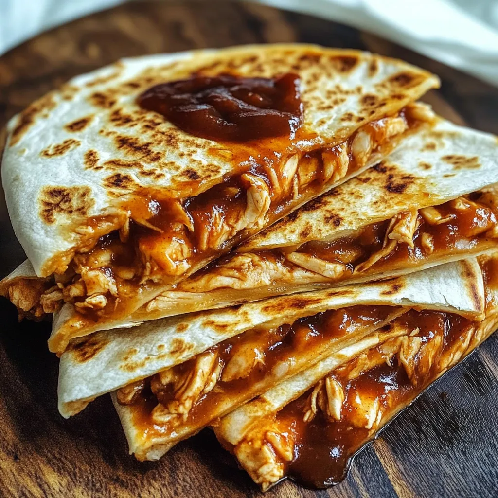 Three stacked chicken sandwiches with BBQ sauce.