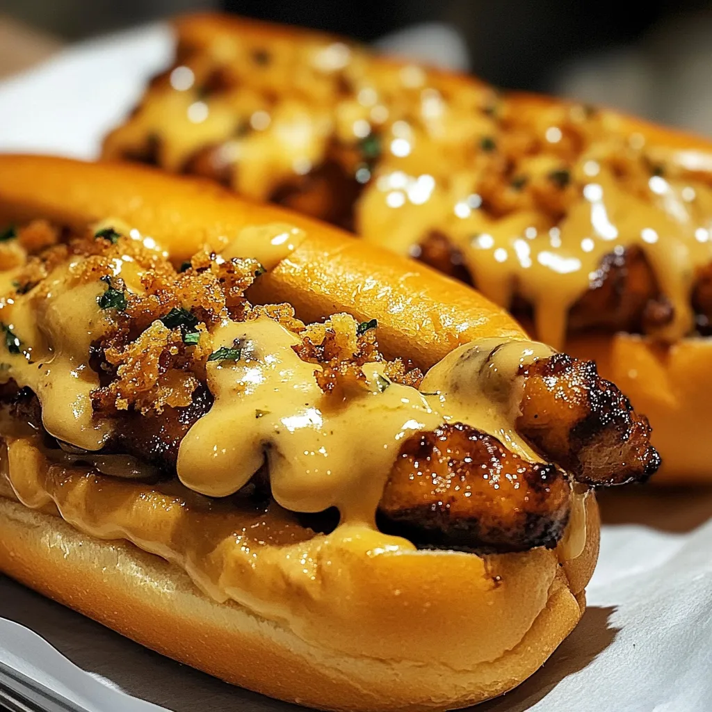 Two hot dogs with melting cheese and a zig-zag of mustard.