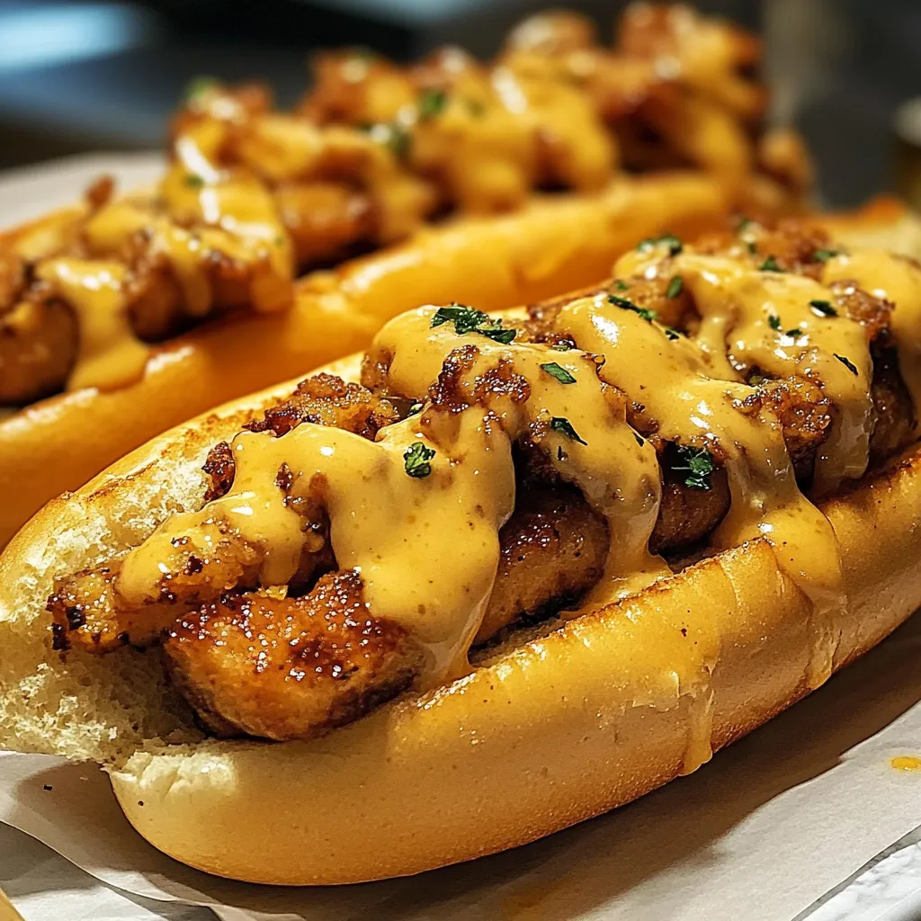 Hot dog bun filled with chicken tenders and bubbling cheese.