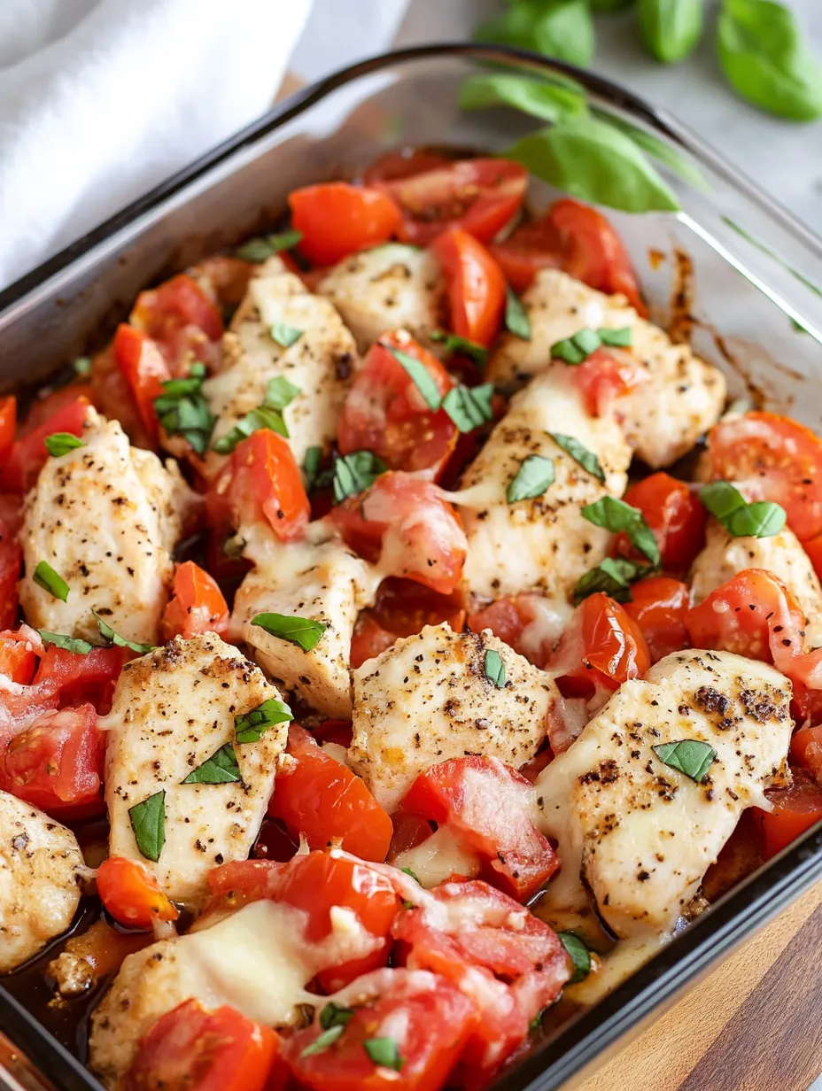 A dish of chicken with tomatoes and basil.
