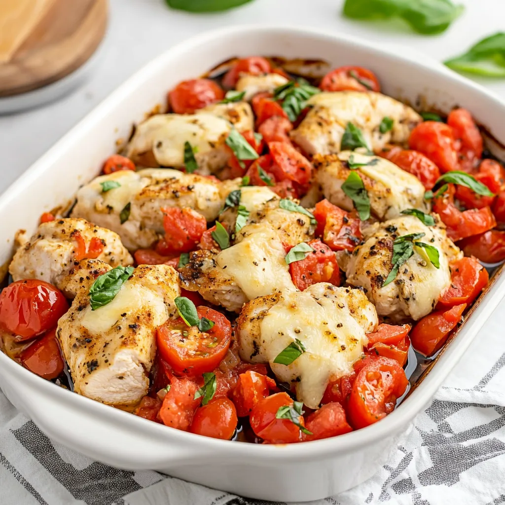 A dish of chicken and tomatoes in a white bowl.
