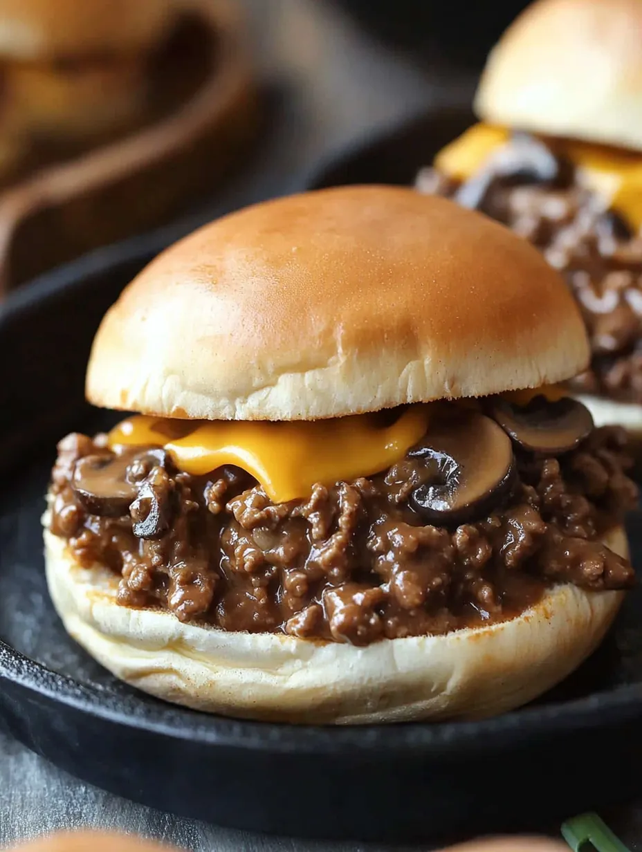 A sloppy joe burger with mushrooms on top.