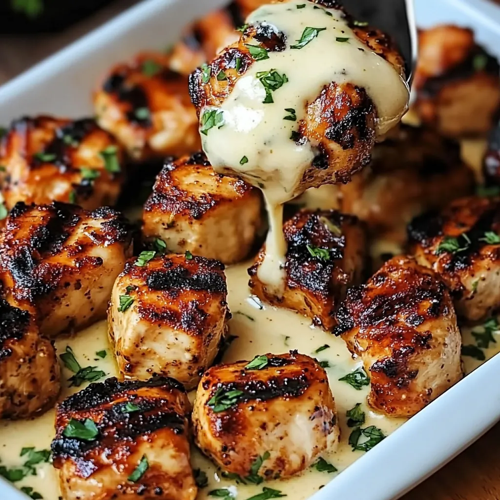 White bowl piled with chicken and drizzled with creamy sauce.